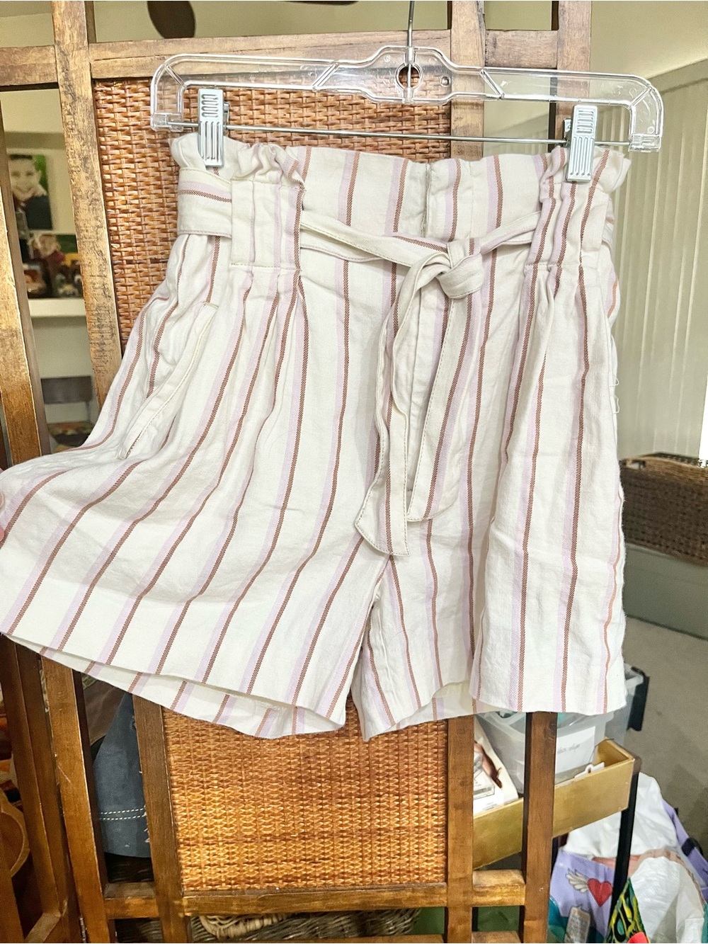 Anthropologie Cream Shorts with Pink Vertical Stripes and Tie Waist